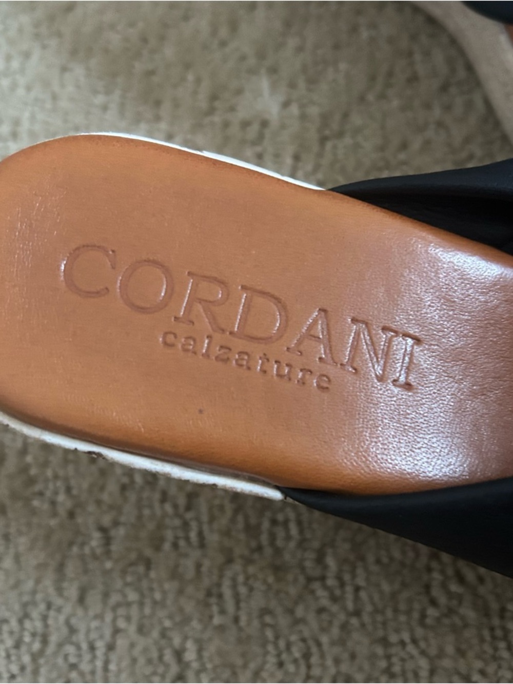 Cordani Black Knotted Leather Wedge Slides with Tan Footbed - Picture 2 of 3